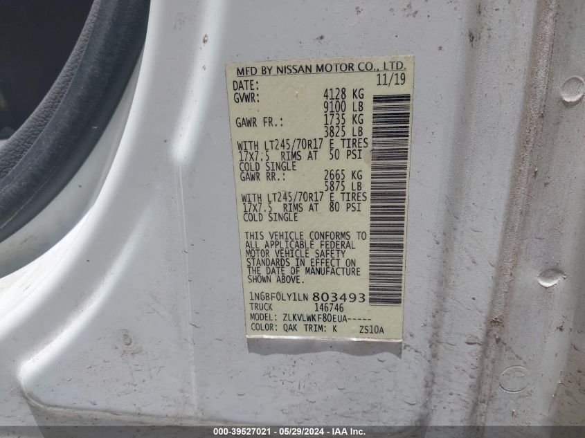 2020 Nissan Nv Cargo Nv2500 Hd S High Roof V6 VIN: 1N6BF0LY1LN803493 Lot: 39527021