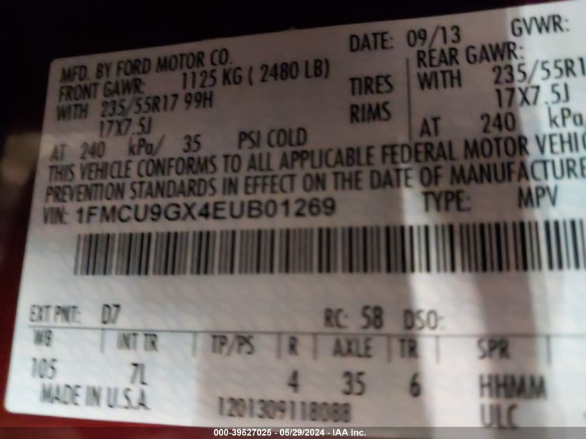 2014 Ford Escape Se VIN: 1FMCU9GX4EUB01269 Lot: 39527025