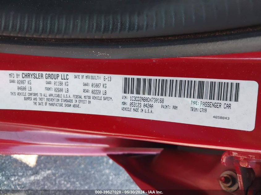 2013 Dodge Avenger Se VIN: 1C3CDZAB0DN730168 Lot: 39527028