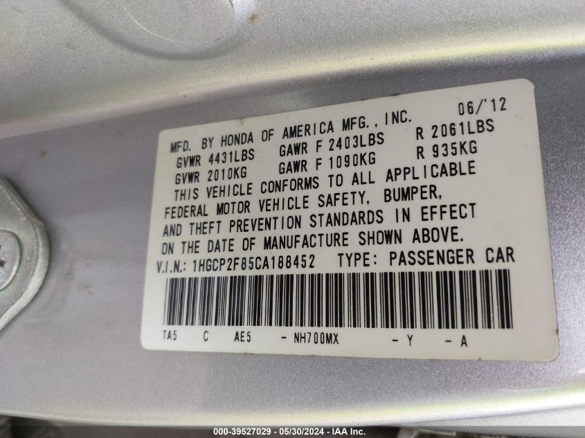 1HGCP2F85CA188452 2012 Honda Accord 2.4 Ex-L