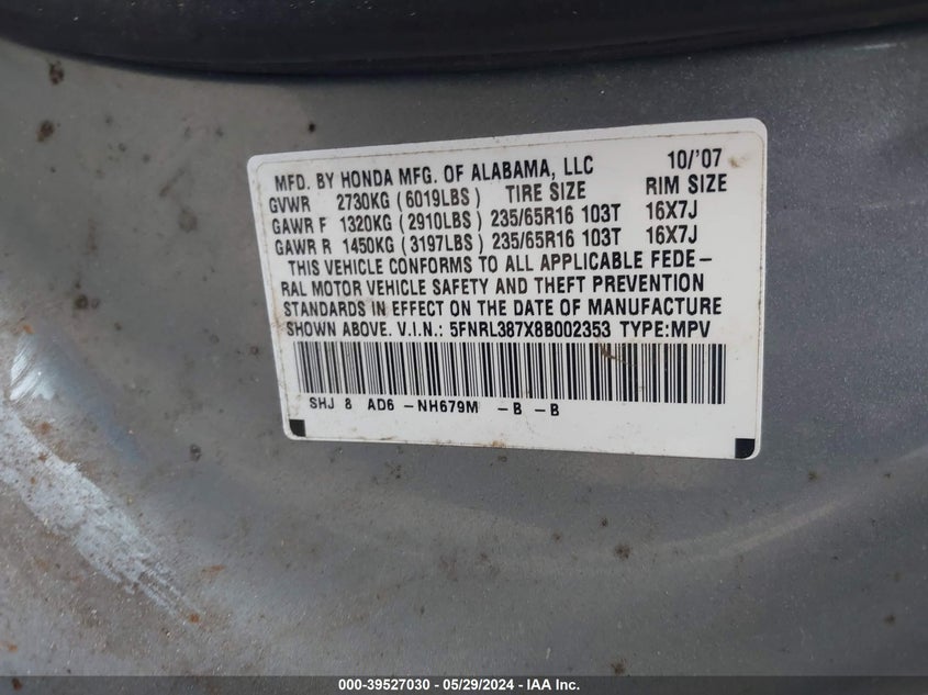 2008 Honda Odyssey Ex-L VIN: 5FNRL387X8B002353 Lot: 39527030