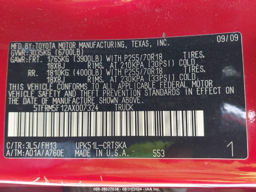 2010 Toyota Tundra Double Cab Sr5 VIN: 5TFRM5F12AX007324 Lot: 39527036