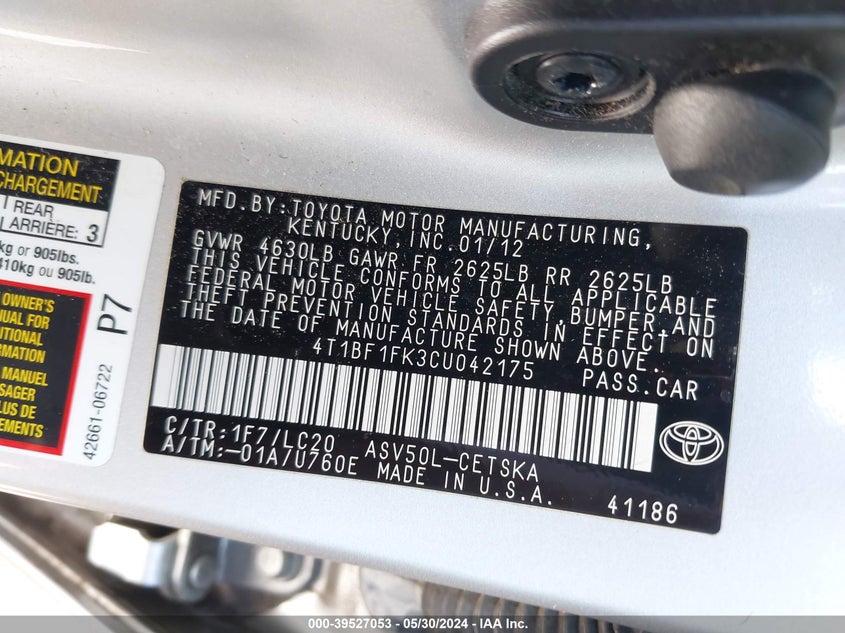 2012 Toyota Camry Se VIN: 4T1BF1FK3CU042175 Lot: 39527053