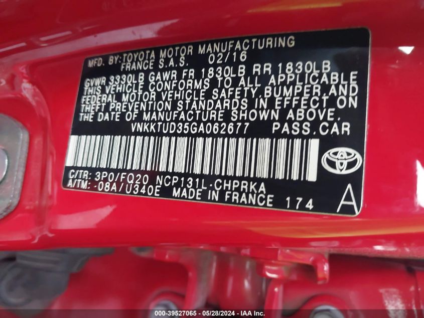 2016 Toyota Yaris L VIN: VNKKTUD35GA062677 Lot: 39527065