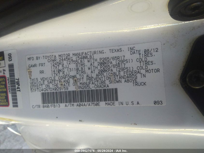 2013 Toyota Tacoma Prerunner V6 VIN: 5TFTU4GN7DX029759 Lot: 39527076
