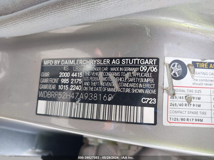 2007 Mercedes-Benz C 230 Sport VIN: WDBRF52H47A938169 Lot: 39527083