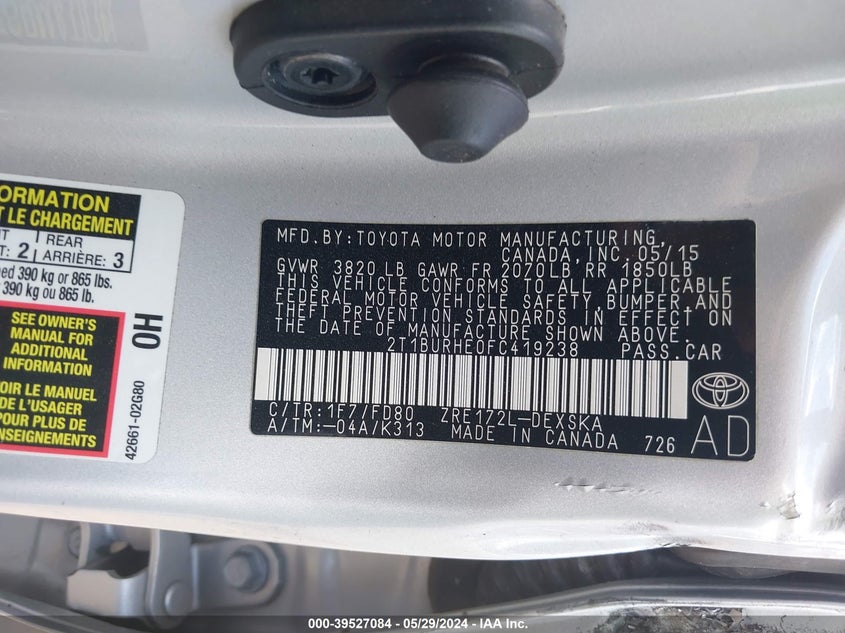 2015 Toyota Corolla S Plus VIN: 2T1BURHE0FC419238 Lot: 39527084