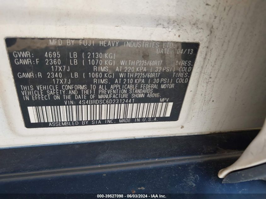 2013 Subaru Outback 3.6R Limited VIN: 4S4BRDSC6D2312441 Lot: 39527098
