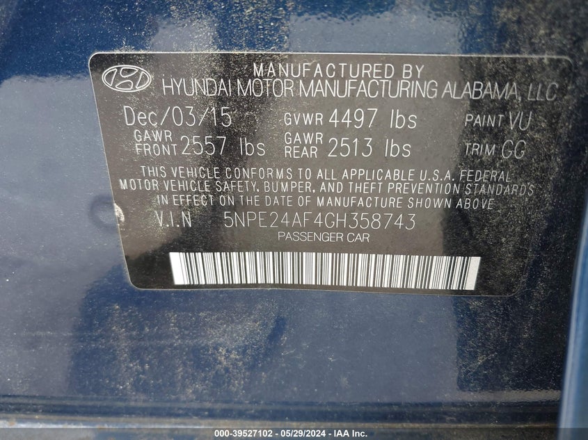 2016 Hyundai Sonata Se VIN: 5NPE24AF4GH358743 Lot: 39527102