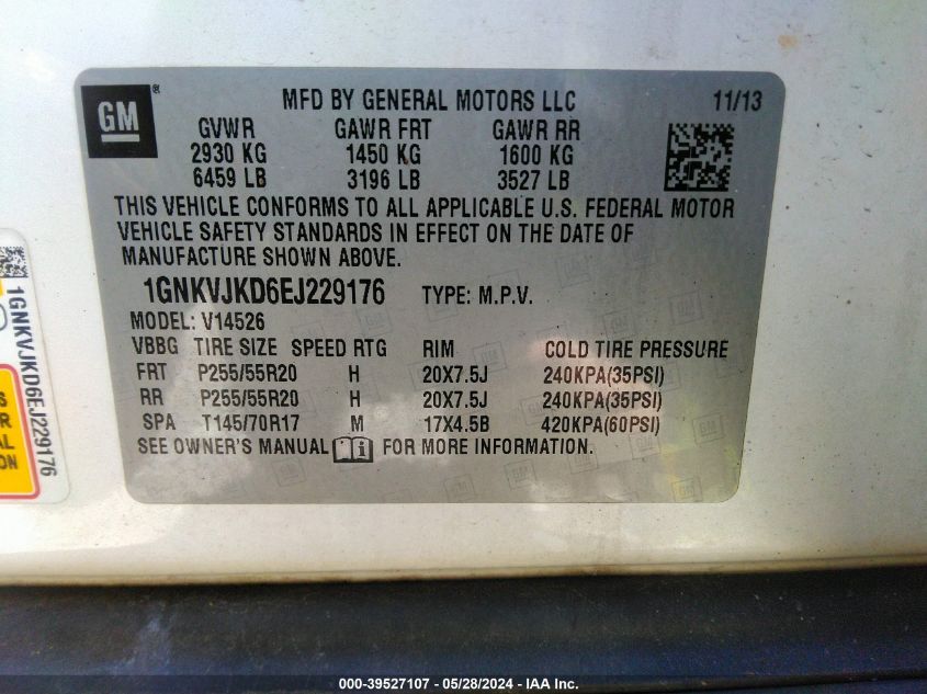 2014 Chevrolet Traverse Ltz VIN: 1GNKVJKD6EJ229176 Lot: 39527107