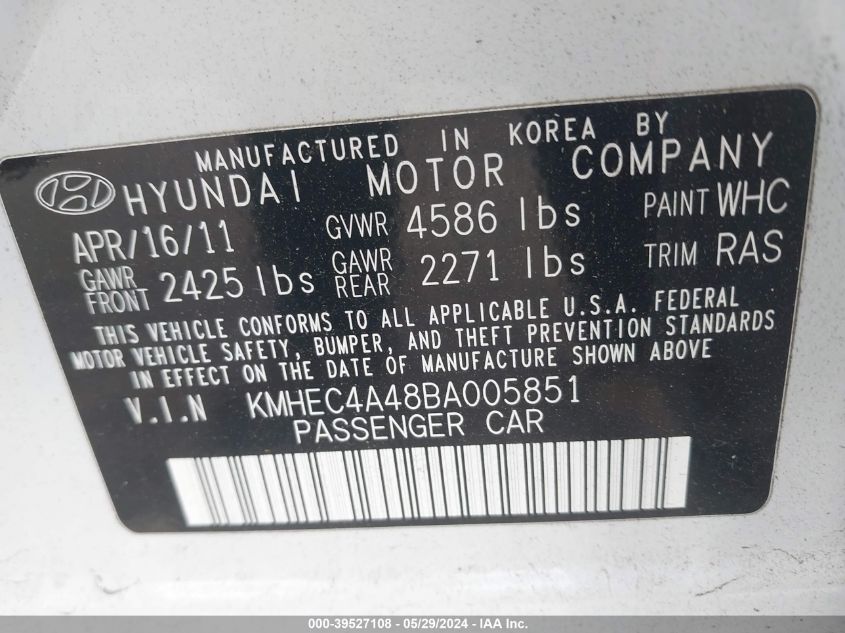 2011 Hyundai Sonata Hybrid VIN: KMHEC4A48BA005851 Lot: 39527108