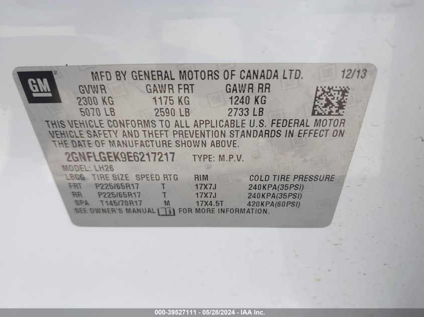 2014 Chevrolet Equinox 2Lt VIN: 2GNFLGEK9E6217217 Lot: 39527111