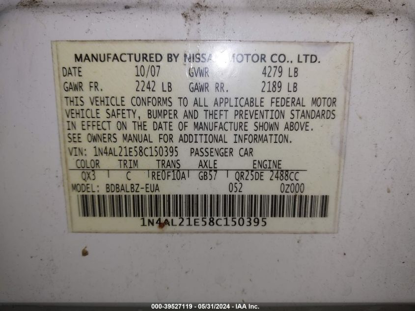 2008 Nissan Altima 2.5 S VIN: 1N4AL21E58C150395 Lot: 39527119
