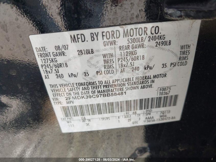 2007 Ford Edge Sel Plus VIN: 2FMDK39C97BB58481 Lot: 39527128