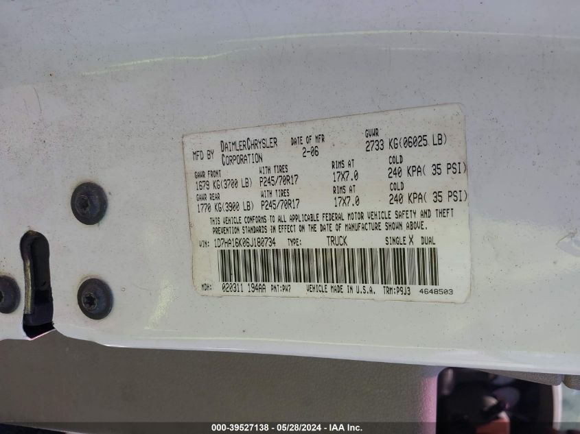 2006 Dodge Ram 1500 St VIN: 1D7HA16K06J180734 Lot: 39527138