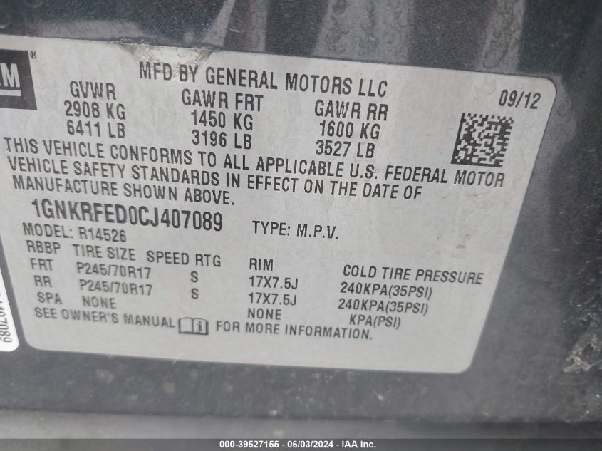 2012 Chevrolet Traverse Ls VIN: 1GNKRFED0CJ407089 Lot: 39527155