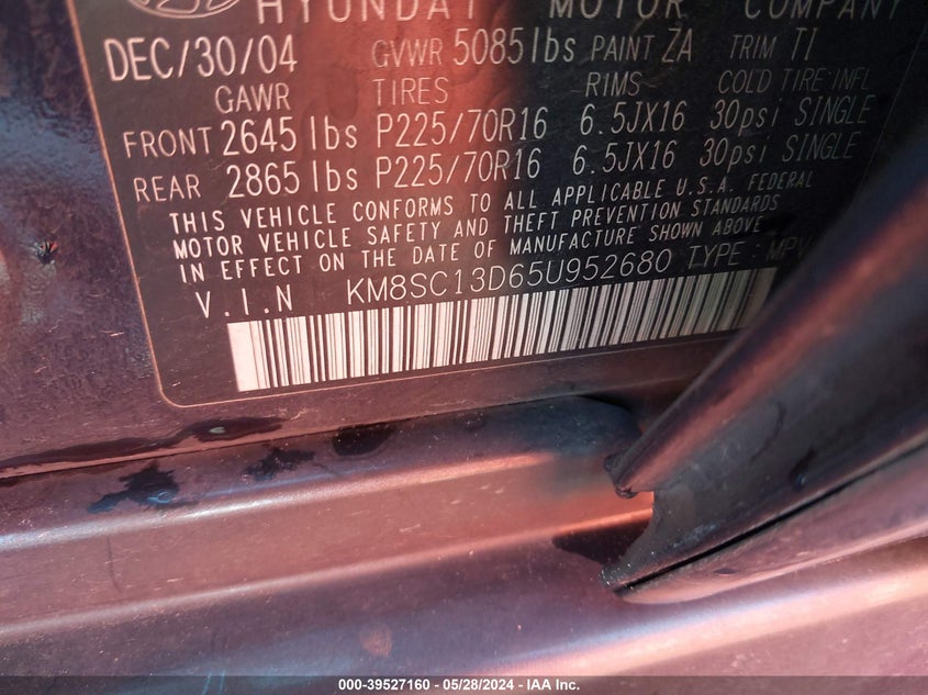 2005 Hyundai Santa Fe Gls VIN: KM8SC13D65U952680 Lot: 39527160