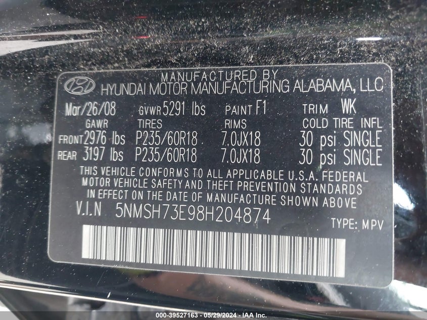 2008 Hyundai Santa Fe Limited/Se VIN: 5NMSH73E98H204874 Lot: 39527163