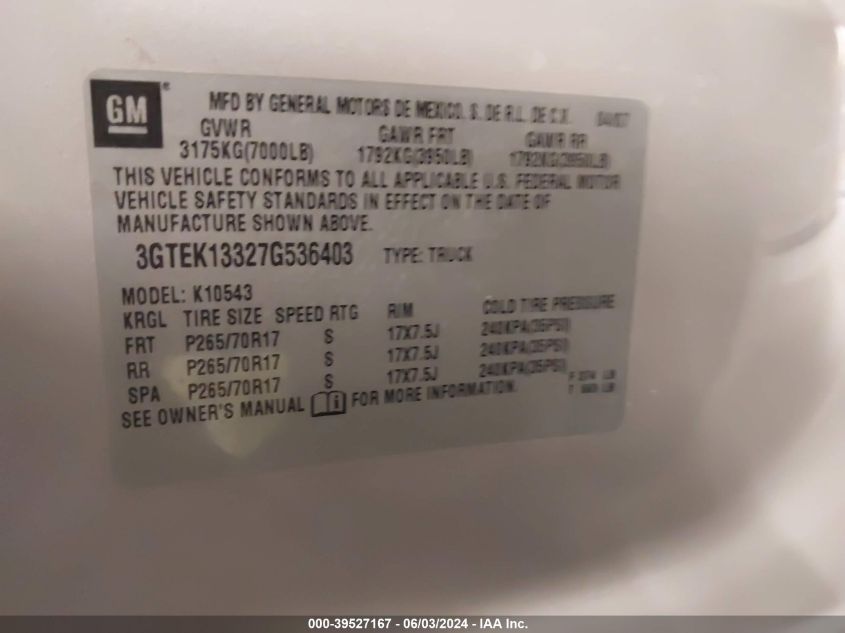 2007 GMC Sierra 1500 Sle1 VIN: 3GTEK13327G536403 Lot: 39527167