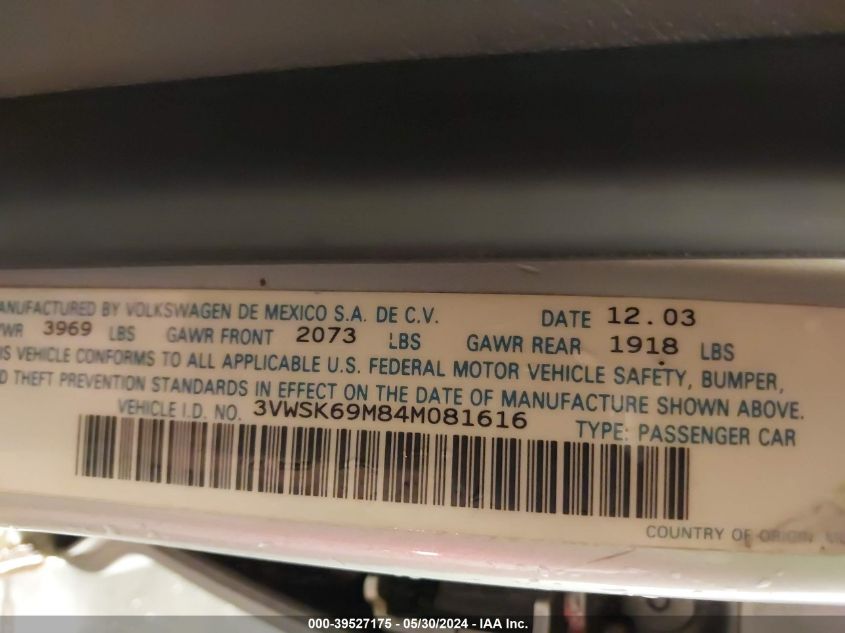 2004 Volkswagen Jetta Gls 2.0L VIN: 3VWSK69M84M081616 Lot: 39527175