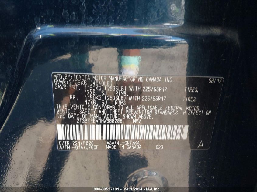 2017 Toyota Rav4 Le VIN: 2T3BFREV1HW688288 Lot: 39527191