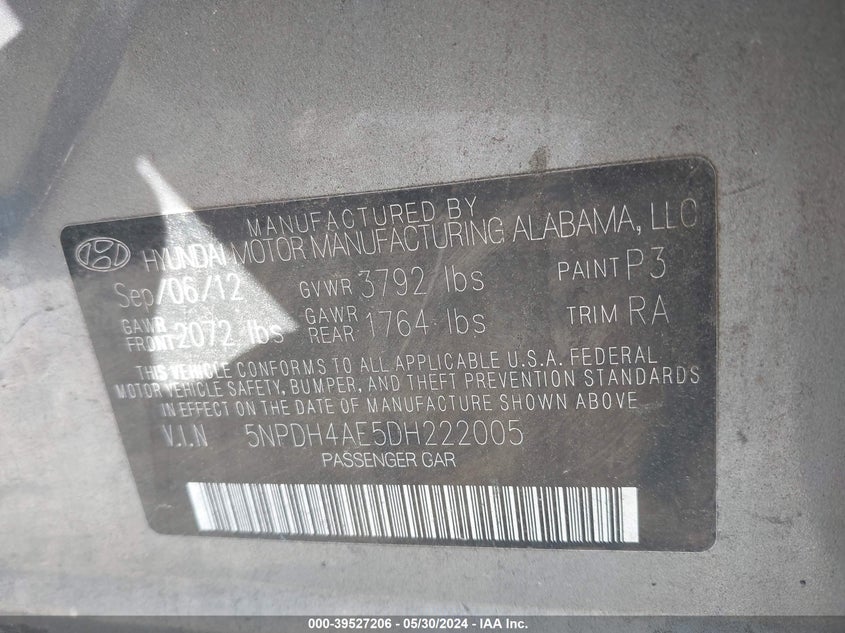 2013 Hyundai Elantra Gls VIN: 5NPDH4AE5DH222005 Lot: 39527206