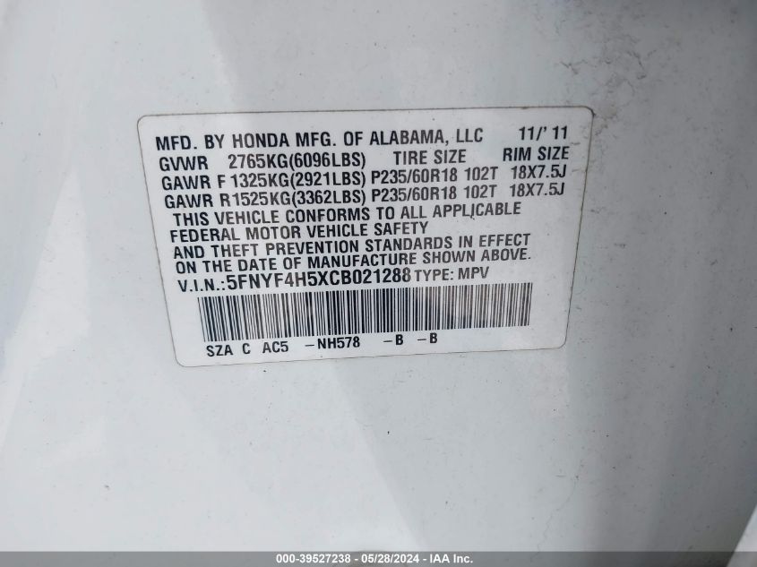 2012 Honda Pilot Ex-L VIN: 5FNYF4H5XCB021288 Lot: 39527238