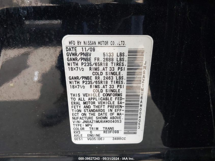 2010 Nissan Murano S VIN: JN8AZ1MU6AW004053 Lot: 39527243