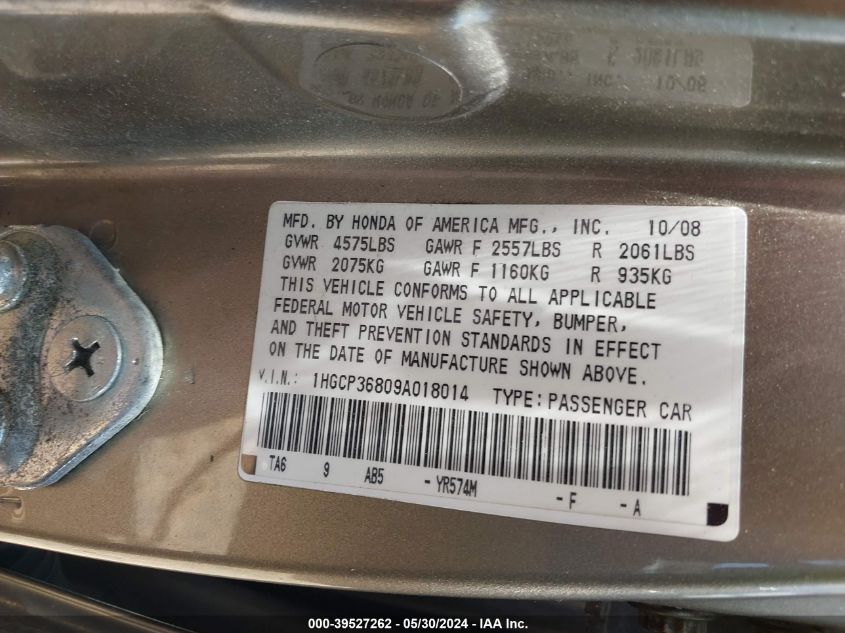 1HGCP36809A018014 2009 Honda Accord 3.5 Ex-L