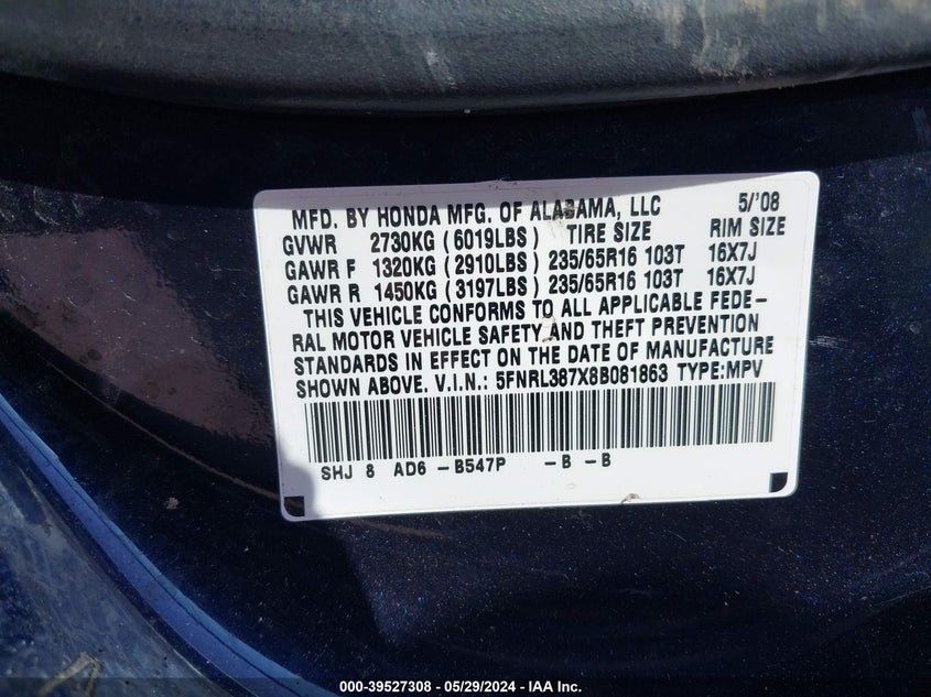 2008 Honda Odyssey Ex-L VIN: 5FNRL387X8B081863 Lot: 39527308