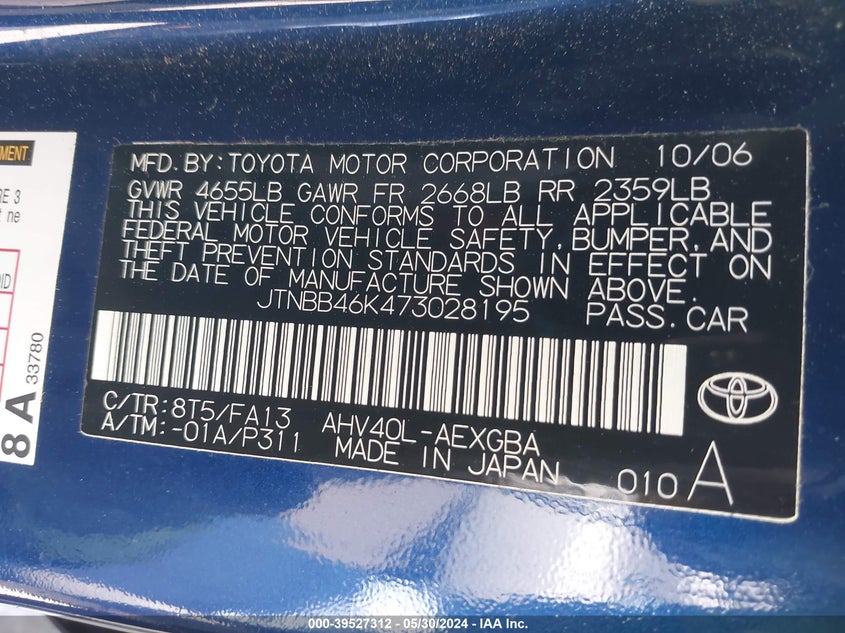 2007 Toyota Camry Hybrid VIN: JTNBB46K473028195 Lot: 39527312