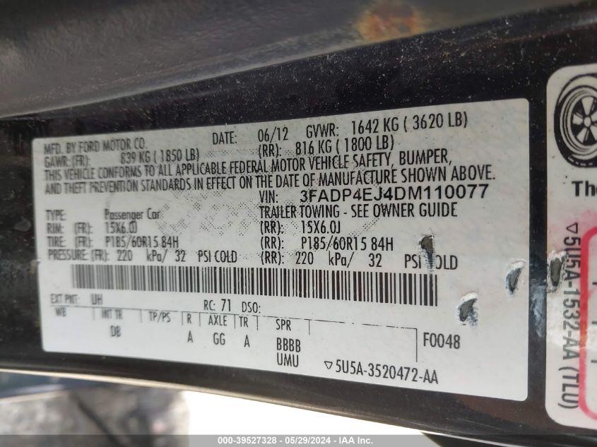 2013 Ford Fiesta Se VIN: 3FADP4EJ4DM110077 Lot: 39527328