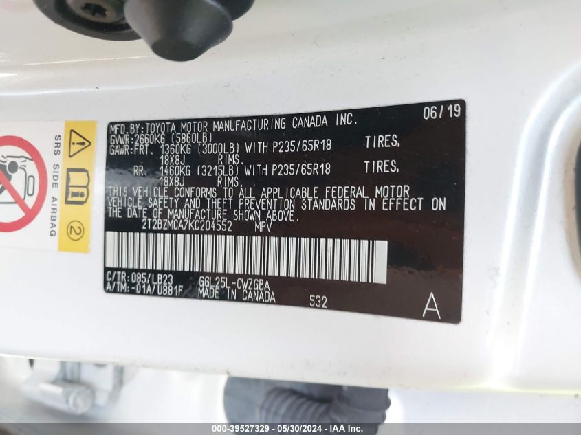 2019 Lexus Rx 350 VIN: 2T2BZMCA7KC204552 Lot: 39527329