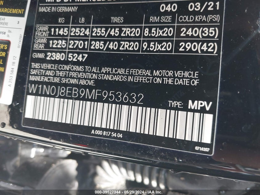 2021 MERCEDES-BENZ GLC 300 VIN: W1N0J8EB9MF953632