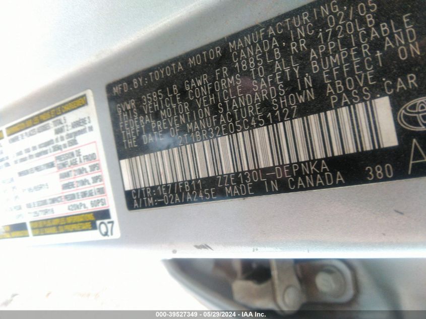 2005 Toyota Corolla Le VIN: 2T1BR32E05C451127 Lot: 39527349