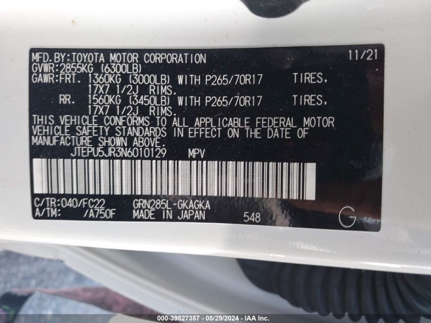 2022 TOYOTA 4RUNNER 4.0L V6   N(VIN: JTEPU5JR3N6010129