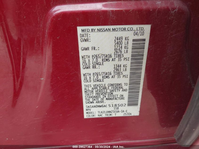 2010 Nissan Xterra Off Road VIN: 5N1AN0NW6AC518502 Lot: 39527364