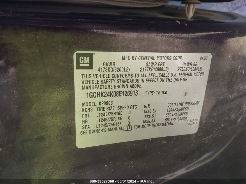 2008 Chevrolet Silverado 2500Hd Lt1 VIN: 1GCHK24K08E126913 Lot: 39527368