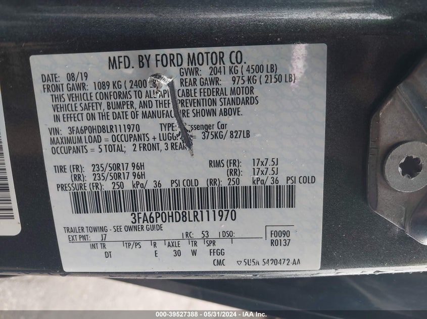 3FA6P0HD8LR111970 2020 Ford Fusion Se