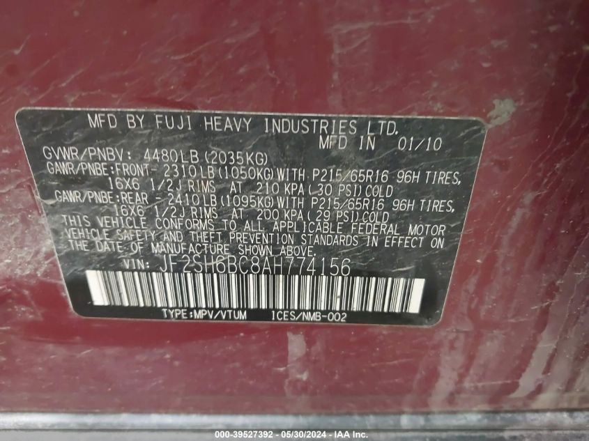 2010 Subaru Forester 2.5X VIN: JF2SH6BC8AH774156 Lot: 39527392