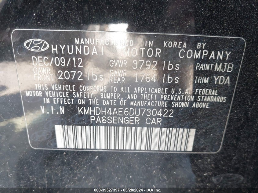 2013 Hyundai Elantra Limited VIN: KMHDH4AE6DU730422 Lot: 39527397
