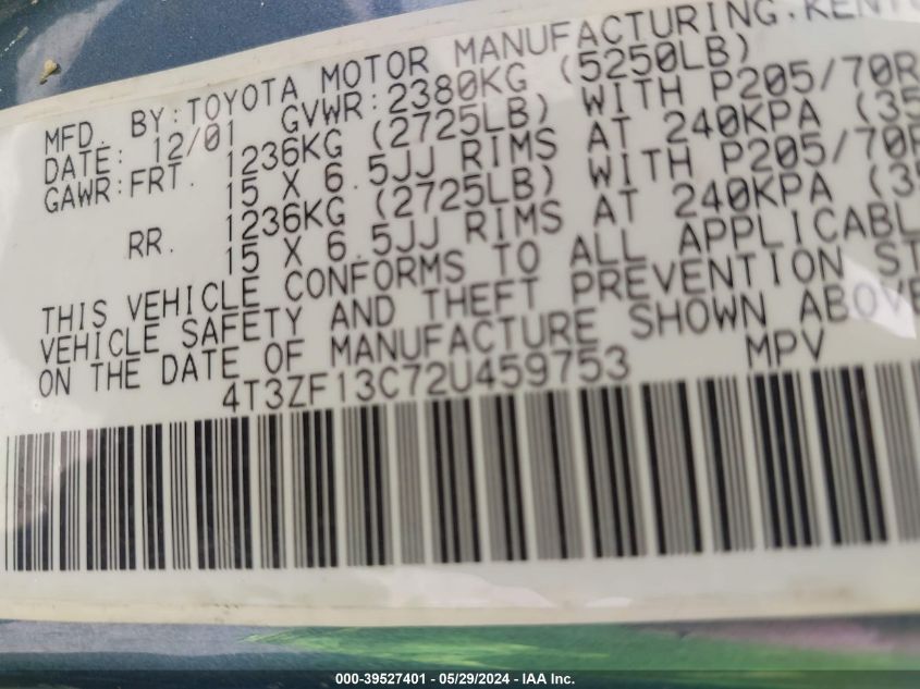 2002 Toyota Sienna Le VIN: 4T3ZF13C72U459753 Lot: 39527401