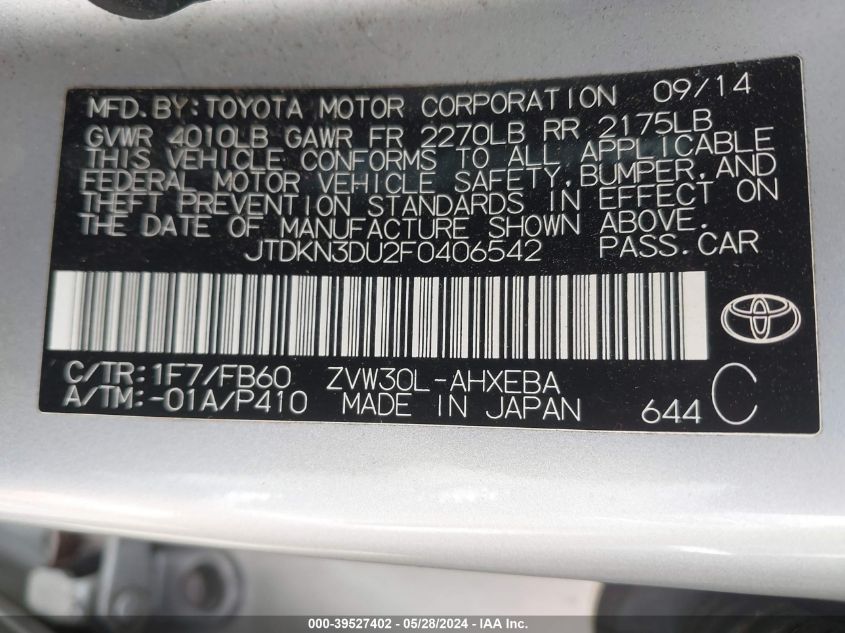 2015 Toyota Prius Two VIN: JTDKN3DU2F0406542 Lot: 39527402