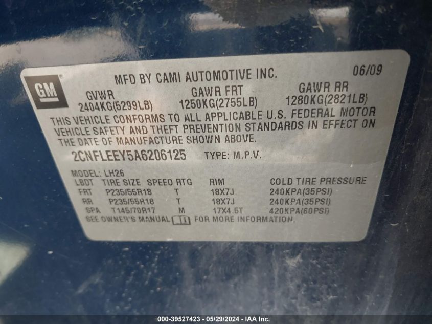 2010 Chevrolet Equinox Lt VIN: 2CNFLEEY5A6206125 Lot: 39527423