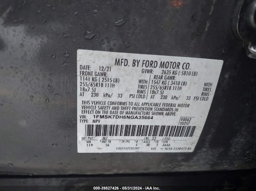 2022 Ford Explorer Xlt VIN: 1FMSK7DH6NGA35664 Lot: 39527426