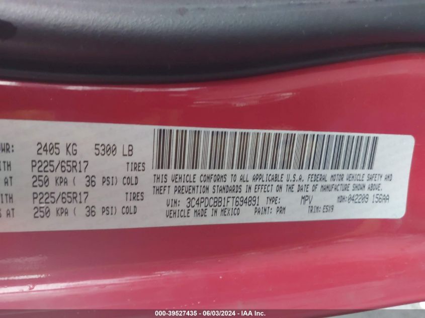 2015 Dodge Journey Sxt VIN: 3C4PDCBB1FT694891 Lot: 39527435