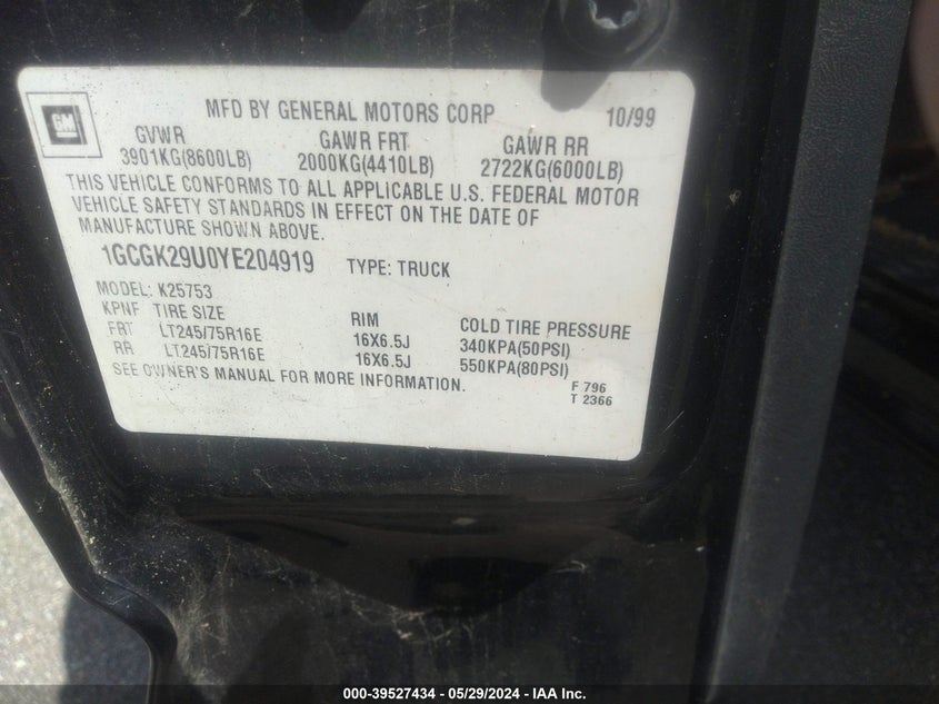 2000 Chevrolet Silverado 2500 Ls VIN: 1GCGK29U0YE204919 Lot: 39527434