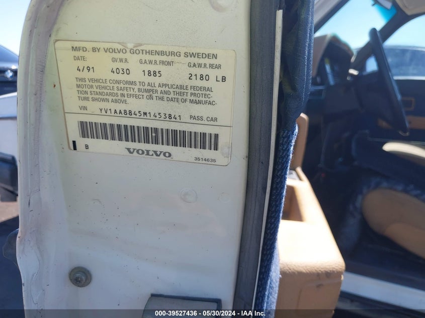 1991 Volvo 240 VIN: YV1AA8845M1453841 Lot: 39527436