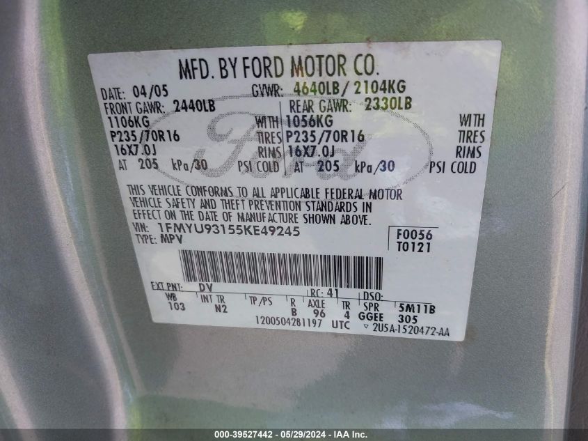 2005 Ford Escape Xlt VIN: 1FMYU93155KE49245 Lot: 39527442