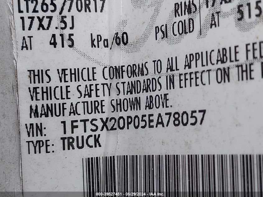 2005 Ford F-250 Lariat/Xl/Xlt VIN: 1FTSX20P05EA78057 Lot: 39527451